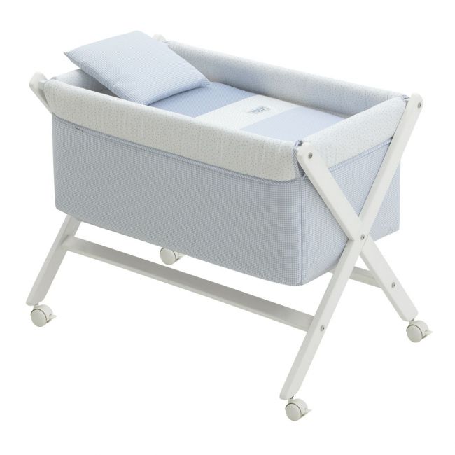 Minicama de Tesoura em Madeira Vichy10 Azul Celeste/Branco 55X87X74 Cm