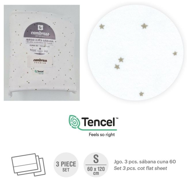 Tríptico de Lençóis para Berço 60 60X120X1 Cm Estrelas Cinza