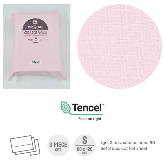 Tríptico de Lençóis para Berço 60 60X120X1 Cm Liso Cor-de-Rosa